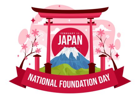 Téléchargez les illustrations : Happy Japan National Foundation Day Illustration vectorielle le 11 février avec les célèbres monuments japonais et le drapeau dans le fond plat de bande dessinée pour enfants - en licence libre de droit
