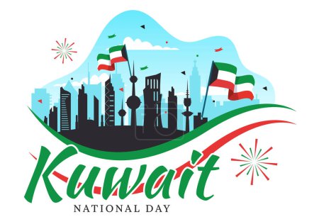 National Kuwait Day Vector Illustration on February 25th with Landmark, Waving Flag and Independence Celebration in Flat Cartoon Background