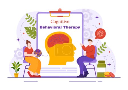 CBT oder kognitive Verhaltenstherapie Vektor Illustration mit Personen, die ihre Probleme bewältigen Emotionen, Depressionen oder Denkweisen im Hintergrund der psychischen Gesundheit