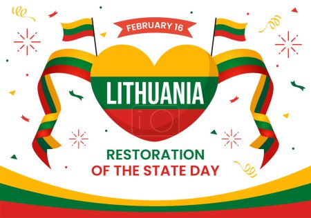 Téléchargez les illustrations : Lituanie Restauration de l'illustration vectorielle de la fête d'État le 16 février avec le drapeau agitant dans un heureux décor de dessin animé plat de vacances de l'indépendance - en licence libre de droit