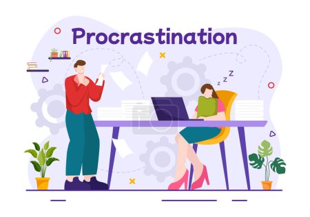 Illustration vectorielle de la procrastination avec l'homme d'affaires paresseux procrastinant Employés travail de travailleur de bureau dans la bande dessinée d'entreprise plate Contexte