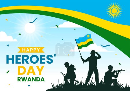 Vektor-Illustration zum Heldentag in Ruanda am 1. Februar mit ruandischer Flagge und Soldatengedenkstätte, die im Cartoon-Hintergrund zum Nationalfeiertag kämpfte