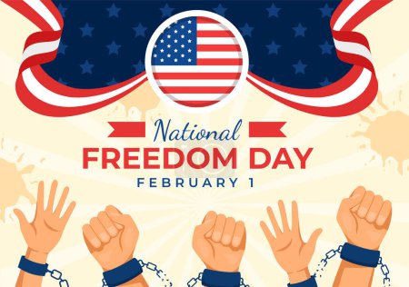 Téléchargez les illustrations : Illustration vectorielle de la Journée nationale de la liberté le 1er février avec le drapeau américain et les mains menottées pour honorer tous ceux qui ont servi en arrière-plan plat - en licence libre de droit