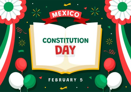 Dia De La Constitucion Vector Illustration. Übersetzung: Glücklicher Verfassungstag Mexikos am 5. Februar mit mexikanischem Hut und wehender Fahne