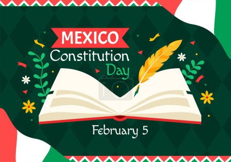 Dia De La Constitucion Vector Illustration. Traducción: Feliz Día de la Constitución de México el 5 de febrero con fondo de sombrero mexicano y bandera ondeante
