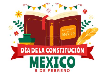 Dia De La Constitucion Vector Illustration. Translation: Happy Constitution Day of Mexico on February 5 with Mexican Hat and Waving Flag Background