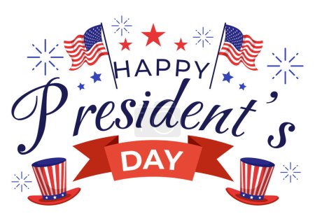 Téléchargez les illustrations : Happy Presidents Day Illustration vectorielle le 19 Février avec le président de l'Amérique et des États-Unis Drapeau en dessin animé plat fond Design - en licence libre de droit