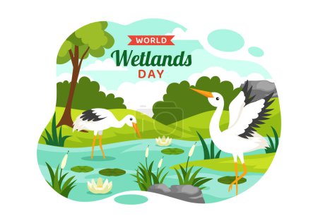World Wetlands Day Vector Illustration on 2 February with Stork Animals and Garden Background in Holiday Celebration Flat Cartoon Design