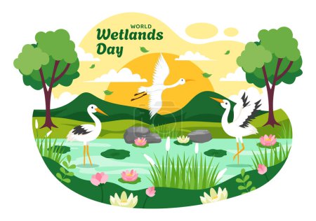 Illustration vectorielle de la Journée mondiale des zones humides le 2 février avec les animaux de cigogne et le jardin