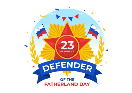 Ilustración de Día del Defensor de la Patria Ilustración vectorial el 23 de febrero con bandera rusa y estrella en la fiesta nacional de Rusia Fondo plano de dibujos animados - Imagen libre de derechos