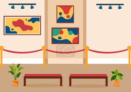 Ilustración de Visitantes de la exposición Viendo una galería con pintura abstracta moderna en la sala de exposición contemporánea en fondo plano de dibujos animados Vector Ilustración - Imagen libre de derechos
