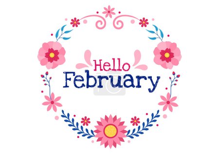 Ilustración de Hola mes de febrero Vector Ilustración con flores, corazones, hojas y letras lindas para la decoración de fondo en plantillas de dibujos animados planos - Imagen libre de derechos