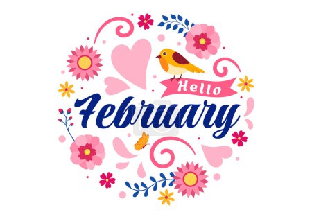 Hello February Month Vector Illustration with Flowers, Hearts, Leaves and Cute Lettering for Decoration Background in Flat Cartoon Templates
