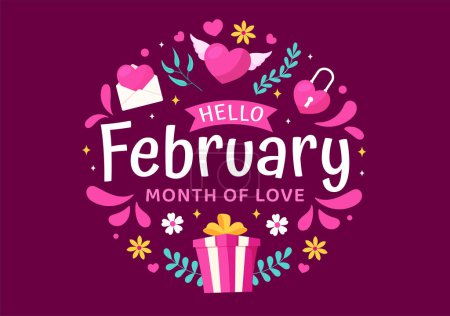 Hello February Month Vector Illustration with Flowers, Hearts, Leaves and Cute Lettering for Decoration Background in Flat Cartoon Templates