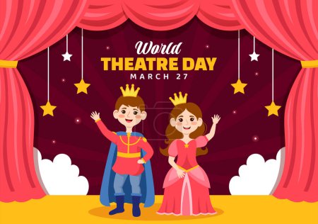 Illustration for World Theatre Day Vector Illustration on March 27 with Mask and Red Curtains to Preserve Performing Arts and Entertainment in Flat Cartoon Background - Royalty Free Image