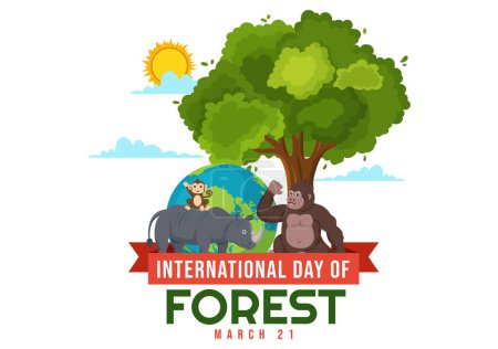 Téléchargez les illustrations : Illustration vectorielle de la Journée internationale des forêts le 21 mars avec des plantes, des arbres, des champs verts et diverses espèces sauvages à la foresterie économique en arrière-plan - en licence libre de droit