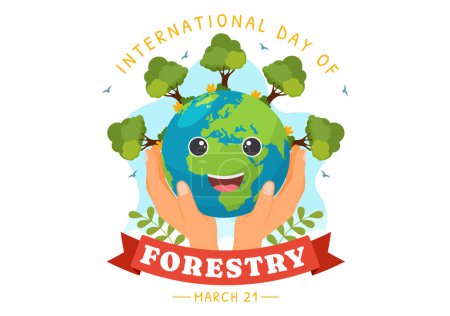 Téléchargez les illustrations : Illustration vectorielle de la Journée internationale des forêts le 21 mars avec des plantes, des arbres, des champs verts et diverses espèces sauvages à la foresterie économique en arrière-plan - en licence libre de droit
