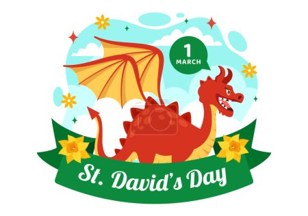 Téléchargez les illustrations : Happy St David's Day Illustration vectorielle le 1er mars avec des dragons gallois et des jonquilles jaunes dans la conception de fond de dessin animé plat de fête de célébration - en licence libre de droit