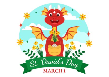 Téléchargez les illustrations : Happy St David's Day Illustration vectorielle le 1er mars avec des dragons gallois et des jonquilles jaunes dans la conception de fond de dessin animé plat de fête de célébration - en licence libre de droit