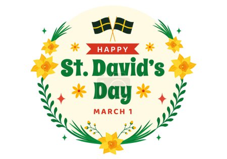 Ilustración de Feliz Día de San David Vector Ilustración el 1 de marzo con dragones galeses y narcisos amarillos en celebración Holiday Flat Cartoon Background Design - Imagen libre de derechos