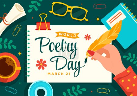 Journée mondiale de la poésie Illustration vectorielle le 21 mars avec une plume, une encre, un papier, une machine à écrire et un livre à écrire dans la littérature