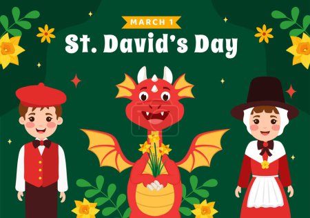 Ilustración de Feliz Día de San David Vector Ilustración el 1 de marzo con dragones galeses y narcisos amarillos en celebración Holiday Flat Cartoon Background Design - Imagen libre de derechos