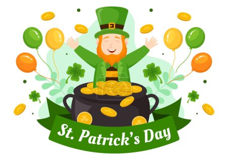 Happy St Patrick's Day Illustration vectorielle sur 17 Mars avec pièces d'or, chapeau vert, pub de bière et Shamrock dans la conception de fond de bande dessinée plat