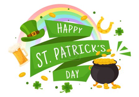 Téléchargez les illustrations : Happy St Patrick's Day Illustration vectorielle sur 17 Mars avec pièces d'or, chapeau vert, pub de bière et Shamrock dans la conception de fond de bande dessinée plat - en licence libre de droit