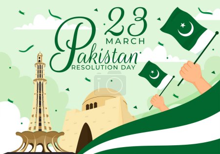 Illustration for Happy Pakistan Resolution Day Vector Illustration on 23 March with Waving Flag and Landmarks in National Holiday Flat Cartoon Background Design - Royalty Free Image