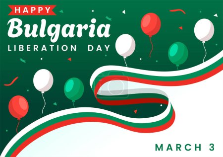 Téléchargez les illustrations : Happy Bulgaria Libération Jour Illustration vectorielle sur Mars 3 avec drapeau bulgare et ruban dans la fête nationale dessin animé plat arrière-plan - en licence libre de droit