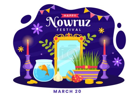 Téléchargez les illustrations : Happy Nowruz Day Illustration vectorielle. Traduction : Nouvel An persan, le 20 Mars avec verre, poisson, ornements Oeufs et herbe Semeni en arrière-plan plat - en licence libre de droit
