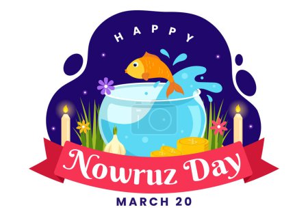 Ilustración de Feliz día Nowruz Vector Ilustración. Traducción: Año Nuevo Persa, el 20 de marzo con vidrio, pescado, adornos Huevos y hierba Semeni en fondo plano - Imagen libre de derechos