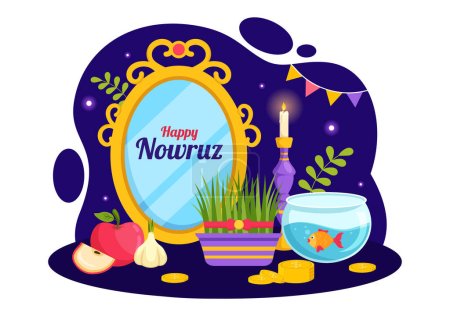 Téléchargez les illustrations : Happy Nowruz Day Illustration vectorielle. Traduction : Nouvel An persan, le 20 Mars avec verre, poisson, ornements Oeufs et herbe Semeni en arrière-plan plat - en licence libre de droit