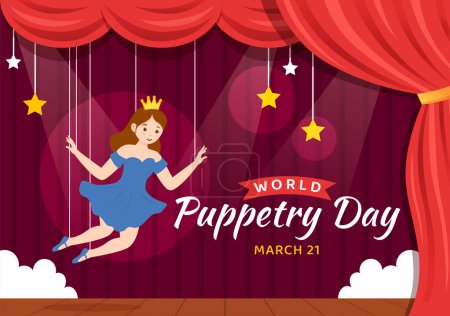 Illustration for World Puppetry Day Vector Illustration on March 21 for Puppet Festivals which is moved by the Fingers Hands in Flat Kids Cartoon Background Design - Royalty Free Image
