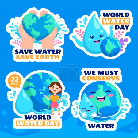Téléchargez les illustrations : Journée de l'eau Étiquette plat dessin animé à la main Modèles Illustration de fond - en licence libre de droit