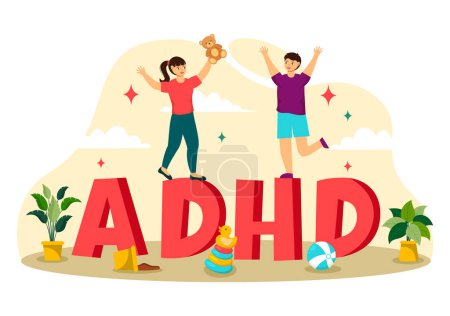 Illustration for ADHD or Attention Deficit Hyperactivity Disorder Vector Illustration with Kids Impulsive and Hyperactive Behavior in Mental health and Psychology - Royalty Free Image