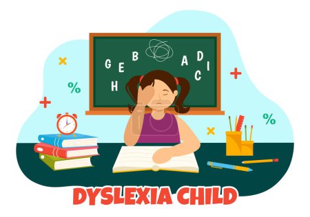 Illustration for Dyslexia Children Vector Illustration of Kids Dyslexia Disorder and Difficulty in Learning Reading with Letters Flying Out in Flat Cartoon Background - Royalty Free Image