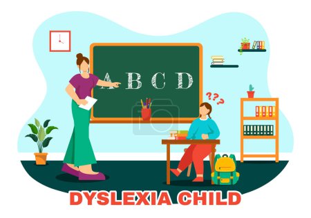 Illustration for Dyslexia Children Vector Illustration of Kids Dyslexia Disorder and Difficulty in Learning Reading with Letters Flying Out in Flat Cartoon Background - Royalty Free Image