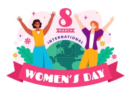 Téléchargez les illustrations : Illustration vectorielle de la Journée internationale de la femme le 8 mars pour célébrer les réalisations et la liberté des femmes dans la conception de fond de bande dessinée plate - en licence libre de droit