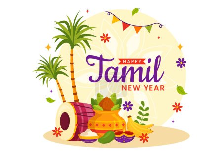 Téléchargez les illustrations : Illustration vectorielle heureuse année tamoule avec des fleurs Vishu, noix de coco, bougie, pots et festival hindou indien dans la conception de fond de bande dessinée plat - en licence libre de droit