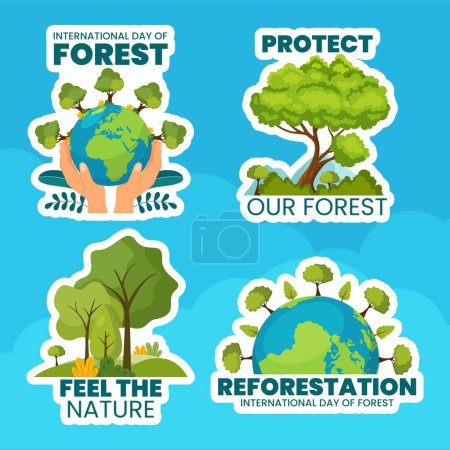 Téléchargez les illustrations : Forêt Jour Étiquette plat dessin animé à la main Modèles Illustration de fond - en licence libre de droit