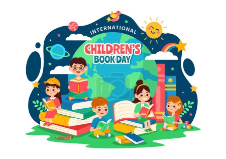 Illustration for International Children's Book Day Vector Illustration on 2 April with Kids Reading a Books and Globe Map in Flat Cartoon Background Design - Royalty Free Image