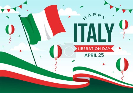 Ilustración de Feliz Día de la Liberación de Italia Ilustración vectorial el 25 de abril con bandera ondeante italiana y cinta en vacaciones Holiday Flat Cartoon Background - Imagen libre de derechos