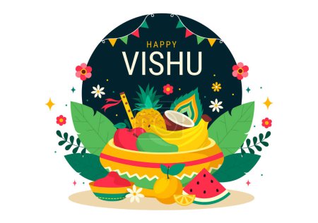 Téléchargez les illustrations : Happy Vishu Festival Illustration vectorielle avec Krishna, Kerala Kani traditionnel, Fruits et légumes en fond de bande dessinée plat de fête nationale - en licence libre de droit
