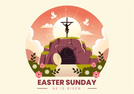 Joyeux Dimanche de Pâques Illustration vectorielle de Jésus, il est ressuscité et célébration de la résurrection avec la grotte et la croix dans fond plat de bande dessinée