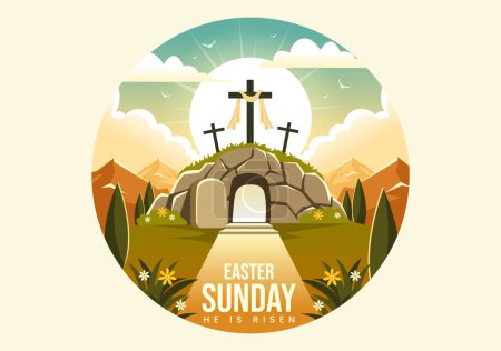 Joyeux Dimanche de Pâques Illustration vectorielle de Jésus, il est ressuscité et célébration de la résurrection avec la grotte et la croix dans fond plat de bande dessinée