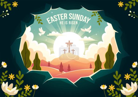 Illustration for Happy Easter Sunday Vector Illustration of Jesus, He is Risen and Celebration of Resurrection with Cave and the Cross in Flat Cartoon Background - Royalty Free Image