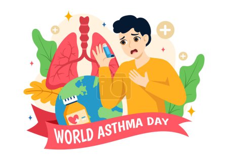 Téléchargez les illustrations : Illustration vectorielle de la Journée mondiale de l'asthme le 2 mai avec inhalateur, équipement médical et prévention de la santé Poumons dans les soins de santé Dessin animé plat Contexte - en licence libre de droit