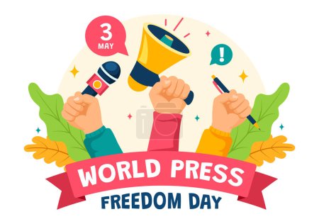 Téléchargez les illustrations : Journée mondiale de la liberté de la presse Illustration vectorielle le 3 mai avec des microphones d'actualités et un journal sur le droit de parler en bande dessinée plate - en licence libre de droit
