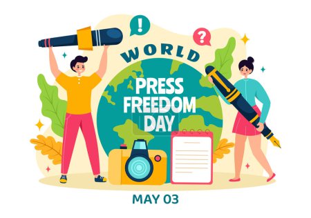 Téléchargez les illustrations : Journée mondiale de la liberté de la presse Illustration vectorielle le 3 mai avec des microphones d'actualités et un journal sur le droit de parler en bande dessinée plate - en licence libre de droit